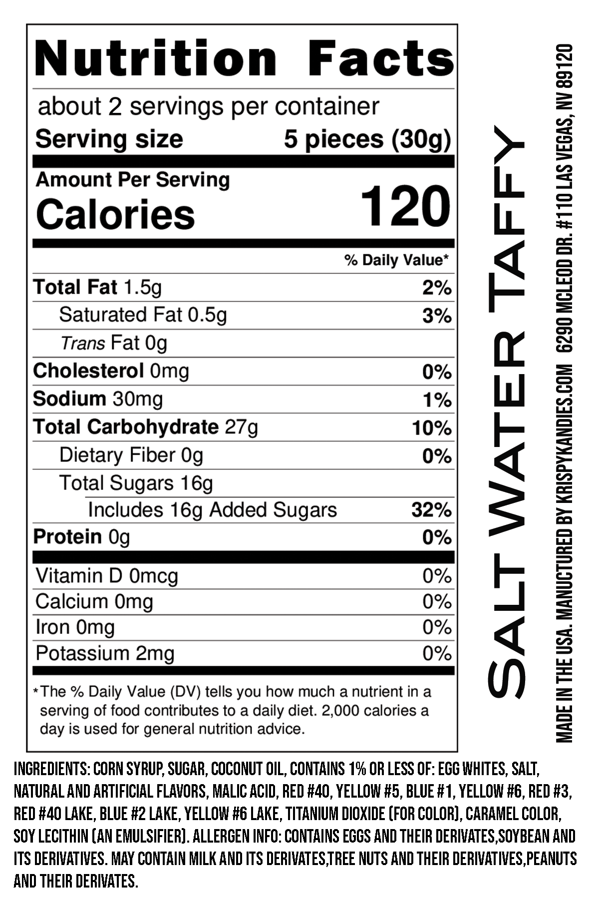 Neapolitan Saltwater taffy 2oz Nutrition Label